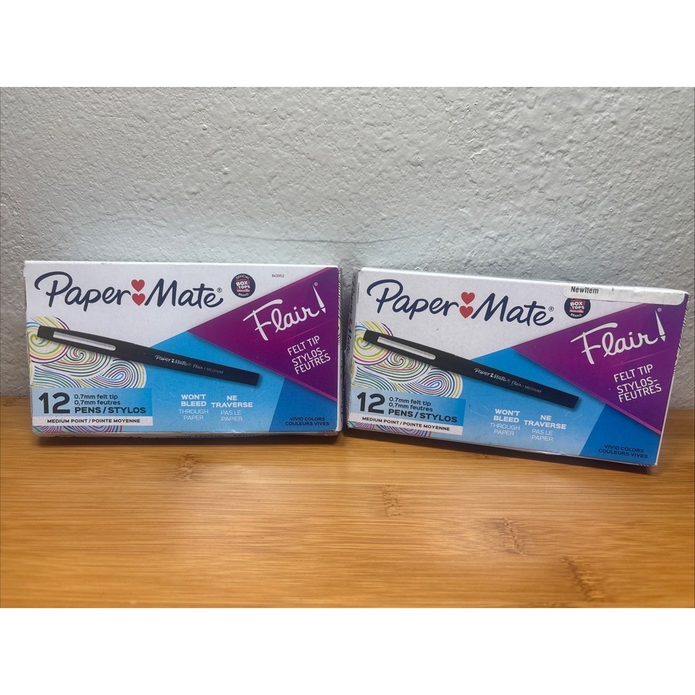 Paper Mate Flair Felt Tip Pens, Medium Point (0.7mm), Black, 12 Count NEW, 2 PKS